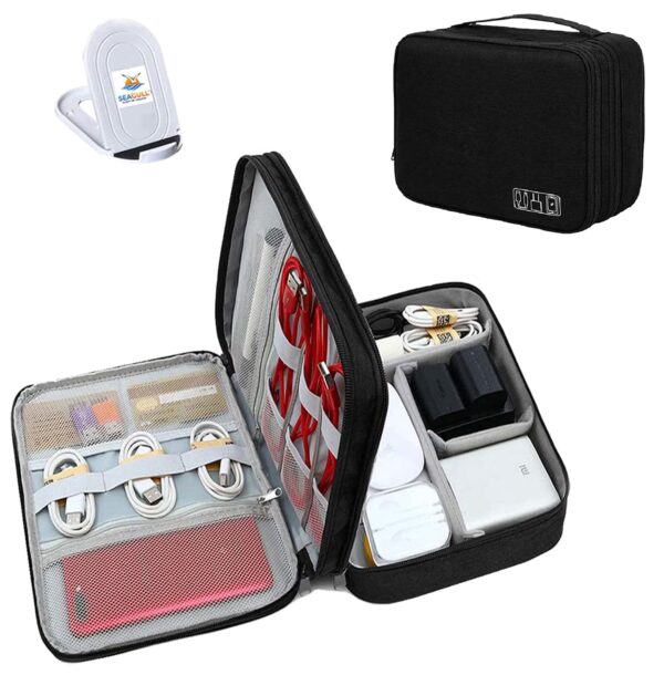 Seagull Flight of Fashion Double Layer Electronic Gadget Organizer Case, Cable Organizer Bag for Accessories with Mobile Stand - 27 X 20 X 9 Cm - Black - Model 1 - Image 2