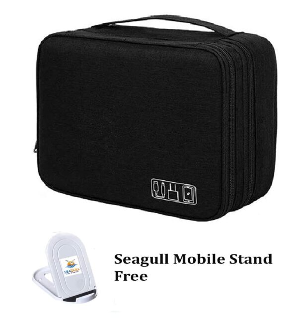 Seagull Flight of Fashion Double Layer Electronic Gadget Organizer Case, Cable Organizer Bag for Accessories with Mobile Stand - 27 X 20 X 9 Cm - Black - Model 1 - Image 3