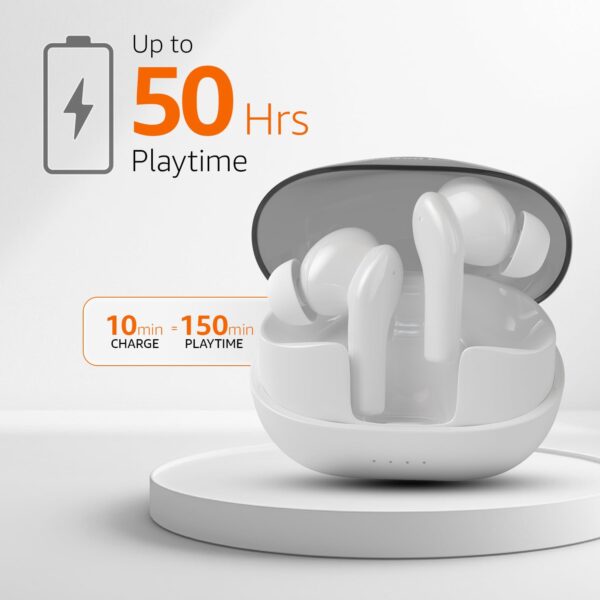 amazon basics TWS in-Ear Earbuds (P50) with Fast Charging up to 50 Hours of Playtime | Dual 10mm Driver | IPX4 Water-Resistance | Bluetooth 5.3 | Quad Mic with ENC | Touch Control (White) - Image 3