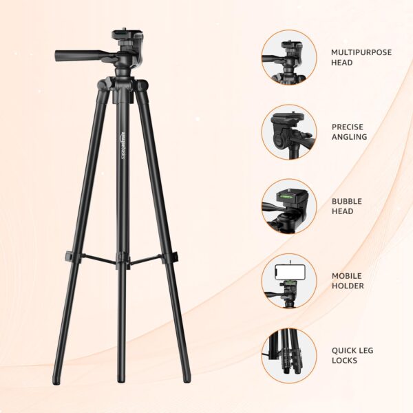 Amazon Basics Lightweight Aluminium Tripod Phone Holder | 3-Way Pan | Height Adjustable (36-111 cm) | For Phones, Cameras, Ring Lights, Reflectors, Umbrellas & Flashlights | Includes Carry Bag | Black - Image 5
