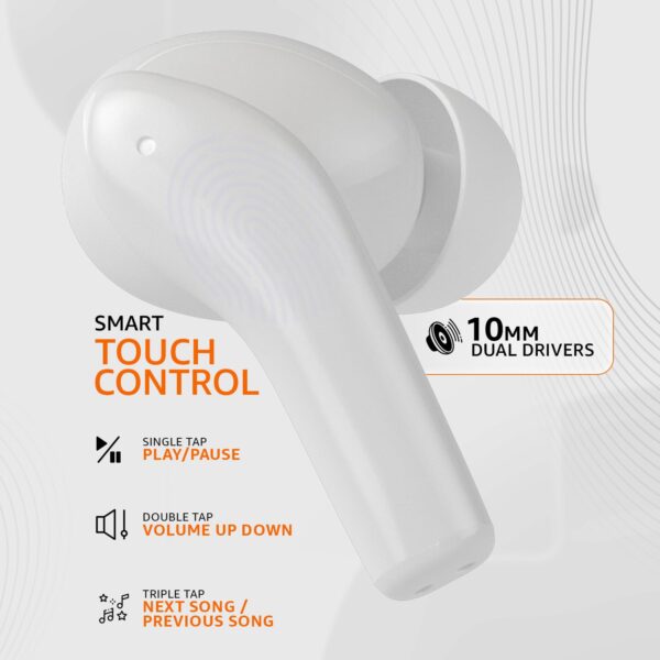 amazon basics TWS in-Ear Earbuds (P50) with Fast Charging up to 50 Hours of Playtime | Dual 10mm Driver | IPX4 Water-Resistance | Bluetooth 5.3 | Quad Mic with ENC | Touch Control (White) - Image 4