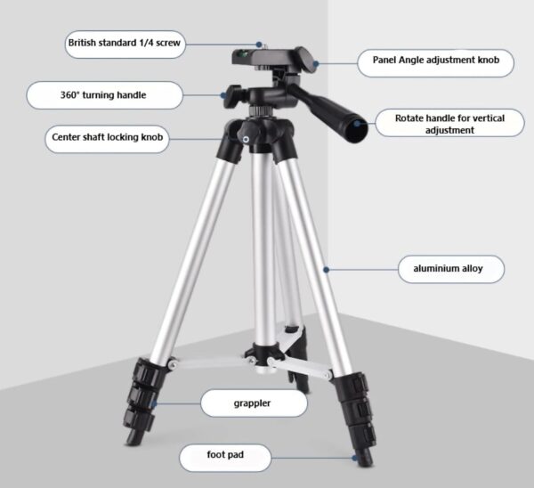 Tripod Combo with Shutter Button and Collar mic, Professional Lightweight Camera Stand with Adjustable Height and 3-Way Pan/Tilt Head - Image 3