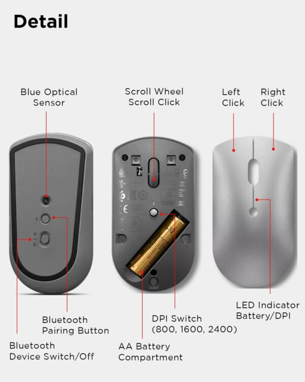 Lenovo 600 Bluetooth 5.0 Silent Mouse: Compact, Portable, Dongle-Free Multi-Device connectivity with Microsoft Swift Pair | 3-Level Adjustable DPI up to 2400 | Battery Life: up to 1 yr - Image 8