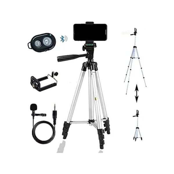 Tripod Combo with Shutter Button and Collar mic, Professional Lightweight Camera Stand with Adjustable Height and 3-Way Pan/Tilt Head - Image 2