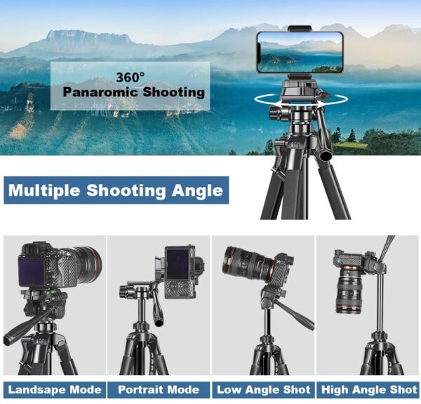Adofys 70” Aluminium Camera Tripod with Travel Bag and Phone Holder |Operating Height: 70 inch | Maximum Load Capacity up to 8kg | Compatible with All Cameras, Cell Phones, Projector, Webcam - Image 3