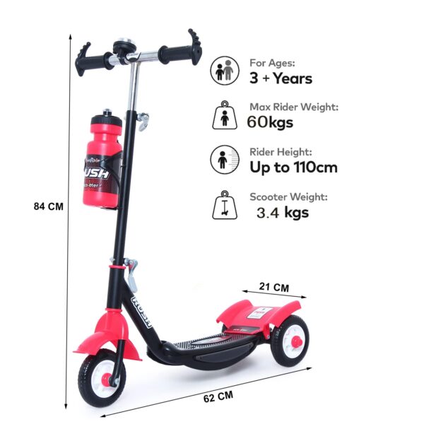 Fun Ride Funride Kids Scooter, Rush Three Wheel Kick Scooters for Boys & Girls with Sipper, Bell, Adjustable Height & Rear Brake, 3 Wheels Skate for Age 3-10 Years (Red) - Image 4