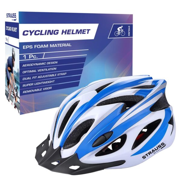 Strauss Adjustable Cycling & Skating Helmet with Detachable Visor | Light Weight with Superior Ventilation | Adjustable Strap with Comfortable Chin Padding | Ideal for Men, Women & Kids (White/Blue)