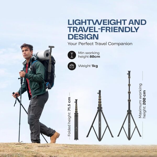 Tygot X-1 PRO 78-Inches (200cm) Aluminium Tripod with Bluetooth Remote, Mobile Holder, Phone Stand for Ring Light, GoPro & Camera, Light Stand for Video Recording, Shooting, Streaming, Reels, YouTube - Image 4