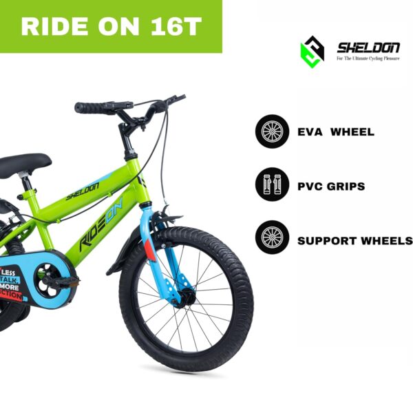 SHELDON Cycle for Kids Ride 16T with Training Wheels Single Speed Bike with Front Suspension & V-Brake Bicycle for Boy/Girls, 4 to 7 Years (Green) - Image 3