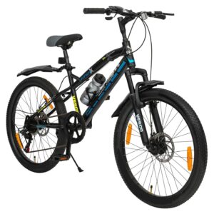 VESCO Hyper-X 24T MTB 7 Speed Gear Cycle for Boys & Girls | Dual Disc Brake | Front Suspension | 16 inch Frame | Ideal for Kids 10-12 Years Mountain Bike (Black)