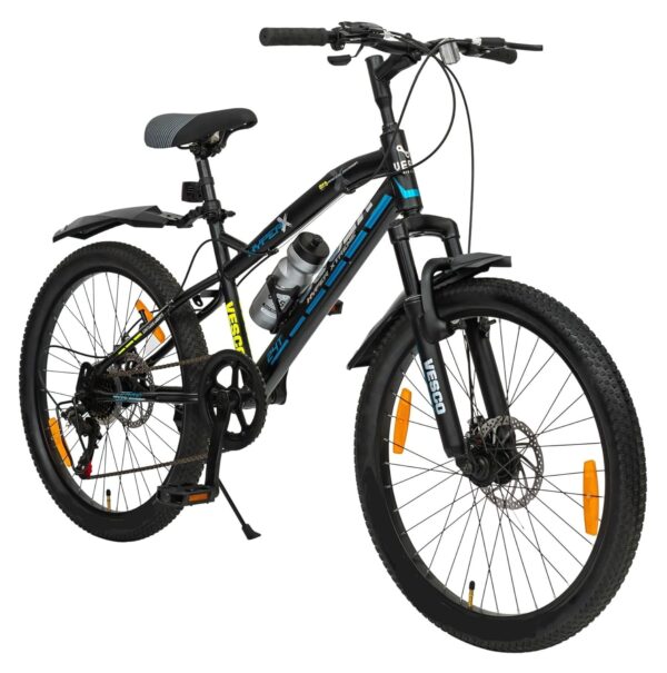 VESCO Hyper-X 24T MTB 7 Speed Gear Cycle for Boys & Girls | Dual Disc Brake | Front Suspension | 16 inch Frame | Ideal for Kids 10-12 Years Mountain Bike (Black)
