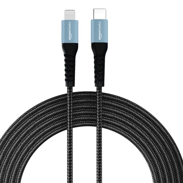 amazon basics Usb C To Lightning Aluminum With Nylon Braided Mfi Certified Charging Cable (Grey, 2 Meter), Black - Image 2