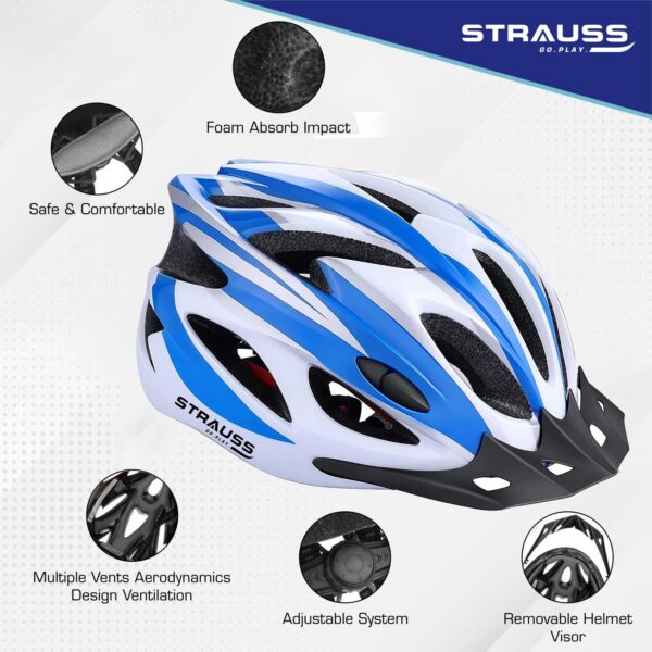 Strauss Adjustable Cycling & Skating Helmet with Detachable Visor | Light Weight with Superior Ventilation | Adjustable Strap with Comfortable Chin Padding | Ideal for Men, Women & Kids (White/Blue) - Image 3