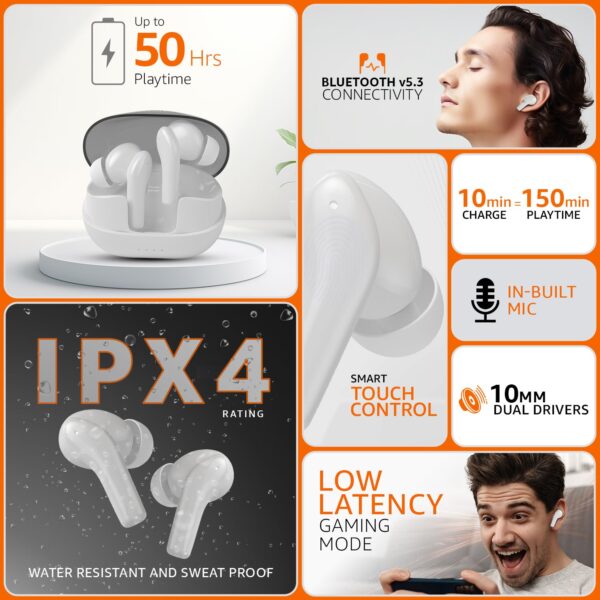 amazon basics TWS in-Ear Earbuds (P50) with Fast Charging up to 50 Hours of Playtime | Dual 10mm Driver | IPX4 Water-Resistance | Bluetooth 5.3 | Quad Mic with ENC | Touch Control (White) - Image 9
