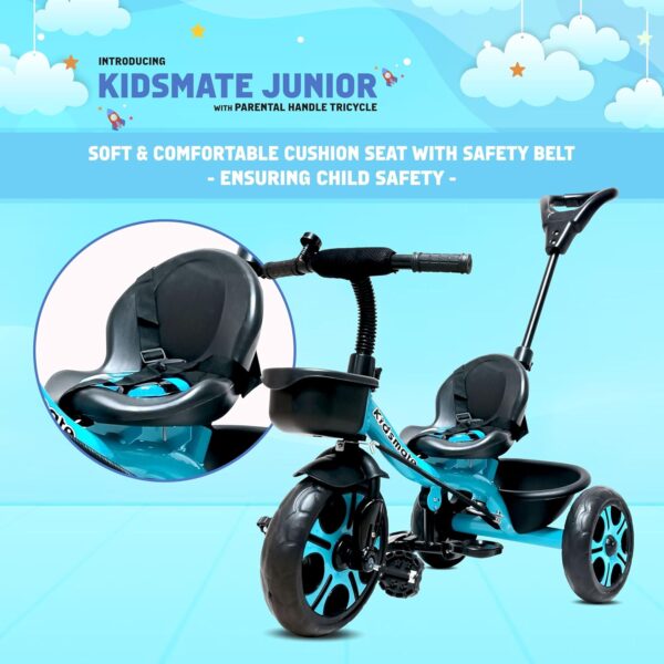 Kidsmate Junior Tricycle for Kids with Parental Control | Cycle for Kids 1-4 Years | Baby Cycle | Bicycle for Kids with Storage Basket, Cushion Seat and Seat Belt Carrying Capacity 30 Kgs (Blue) - Image 5