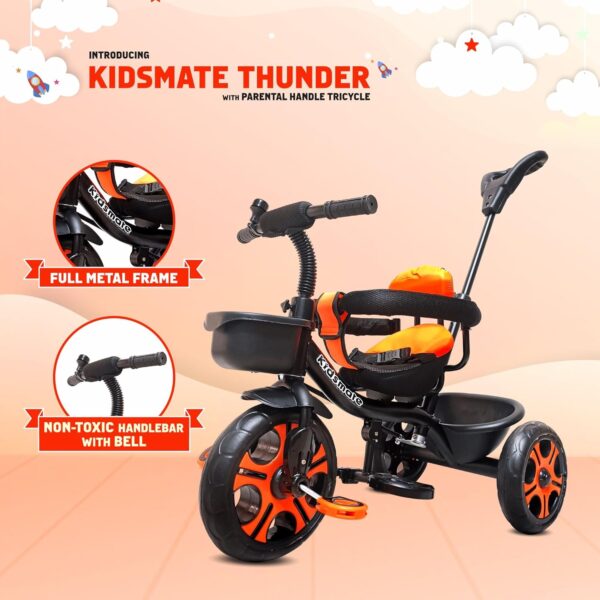 Kidsmate Thunder Plug N Play Kids/Baby Tricycle with Safety Guard Rail and Parental Control | Storage Basket | Fabric Cushion Seat & Bell for 12 Months to 48 Months Boys/Girls (Black_Orange) - Image 6