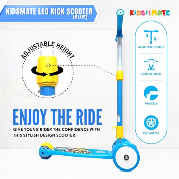 Kidsmate Leo Kick Scooter for Kids, 4 Adjustable Height Scooter, Foldable & Attractive PVC Wheels with Rare Brakes for Kids Age Upto 3+ Years (Blue) - Image 2