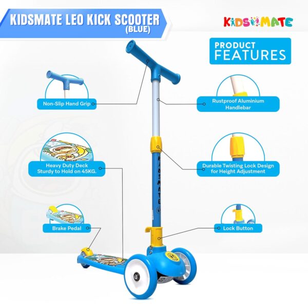 Kidsmate Leo Kick Scooter for Kids, 4 Adjustable Height Scooter, Foldable & Attractive PVC Wheels with Rare Brakes for Kids Age Upto 3+ Years (Blue) - Image 7