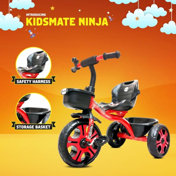 Kidsmate Ninja Plug N Play Durable Kids/Baby Tricycle, Storage Basket, Cushion Seat and Seat Belt for 12 Months to 48 Months Boys/Girls/Carrying Capacity Upto 30 Kgs (Red) - Image 6