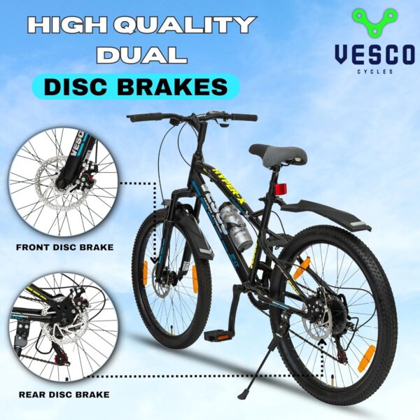 VESCO Hyper-X 24T MTB 7 Speed Gear Cycle for Boys & Girls | Dual Disc Brake | Front Suspension | 16 inch Frame | Ideal for Kids 10-12 Years Mountain Bike (Black) - Image 3