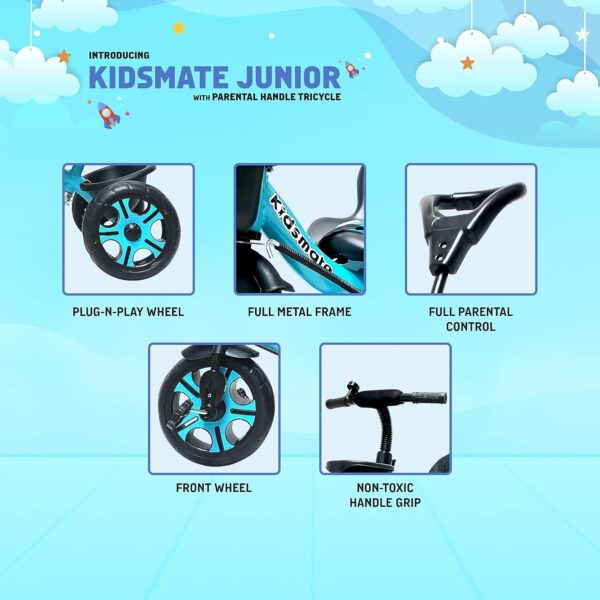 Kidsmate Junior Tricycle for Kids with Parental Control | Cycle for Kids 1-4 Years | Baby Cycle | Bicycle for Kids with Storage Basket, Cushion Seat and Seat Belt Carrying Capacity 30 Kgs (Blue) - Image 7