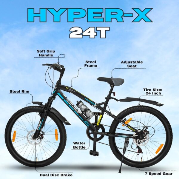 VESCO Hyper-X 24T MTB 7 Speed Gear Cycle for Boys & Girls | Dual Disc Brake | Front Suspension | 16 inch Frame | Ideal for Kids 10-12 Years Mountain Bike (Black) - Image 4