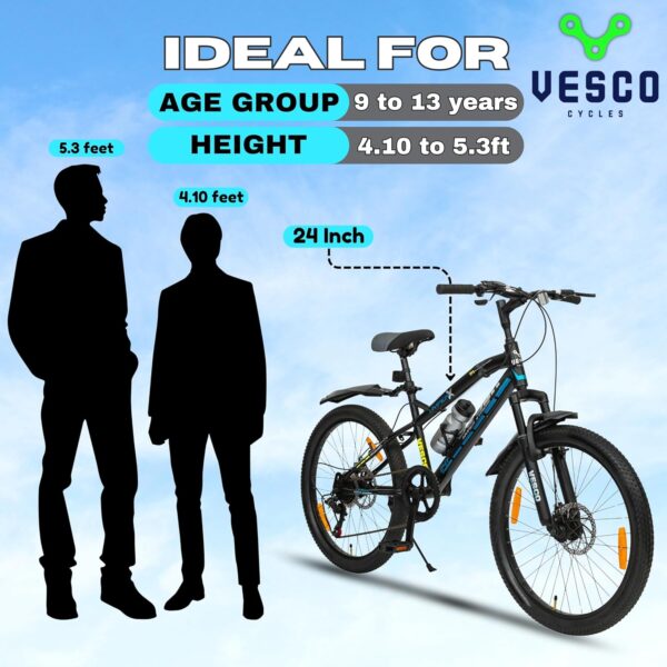 VESCO Hyper-X 24T MTB 7 Speed Gear Cycle for Boys & Girls | Dual Disc Brake | Front Suspension | 16 inch Frame | Ideal for Kids 10-12 Years Mountain Bike (Black) - Image 2