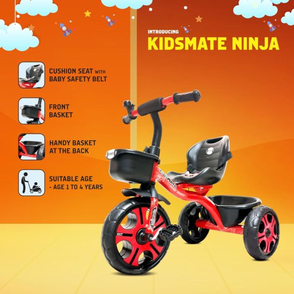 Kidsmate Ninja Plug N Play Durable Kids/Baby Tricycle, Storage Basket, Cushion Seat and Seat Belt for 12 Months to 48 Months Boys/Girls/Carrying Capacity Upto 30 Kgs (Red) - Image 8