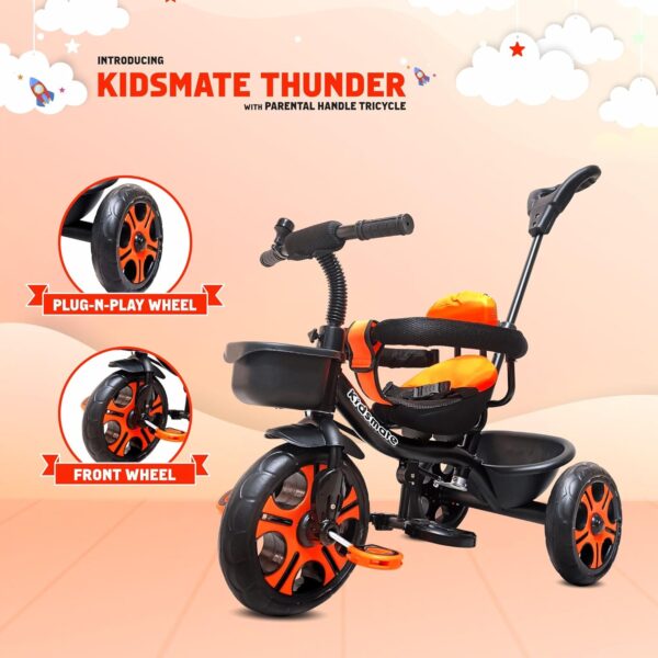 Kidsmate Thunder Plug N Play Kids/Baby Tricycle with Safety Guard Rail and Parental Control | Storage Basket | Fabric Cushion Seat & Bell for 12 Months to 48 Months Boys/Girls (Black_Orange) - Image 7
