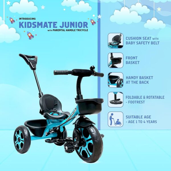 Kidsmate Junior Tricycle for Kids with Parental Control | Cycle for Kids 1-4 Years | Baby Cycle | Bicycle for Kids with Storage Basket, Cushion Seat and Seat Belt Carrying Capacity 30 Kgs (Blue) - Image 8