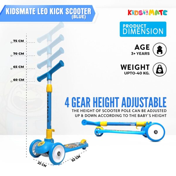 Kidsmate Leo Kick Scooter for Kids, 4 Adjustable Height Scooter, Foldable & Attractive PVC Wheels with Rare Brakes for Kids Age Upto 3+ Years (Blue) - Image 6