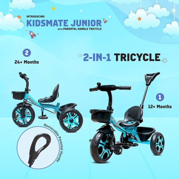 Kidsmate Junior Tricycle for Kids with Parental Control | Cycle for Kids 1-4 Years | Baby Cycle | Bicycle for Kids with Storage Basket, Cushion Seat and Seat Belt Carrying Capacity 30 Kgs (Blue) - Image 4