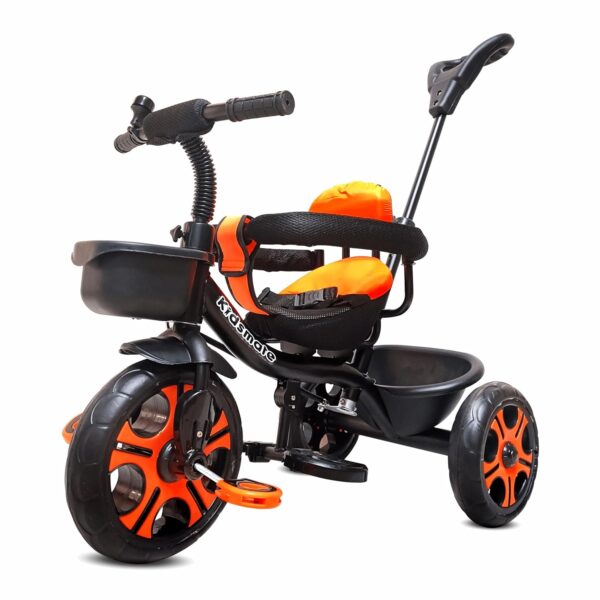 Kidsmate Thunder Plug N Play Kids/Baby Tricycle with Safety Guard Rail and Parental Control | Storage Basket | Fabric Cushion Seat & Bell for 12 Months to 48 Months Boys/Girls (Black_Orange)