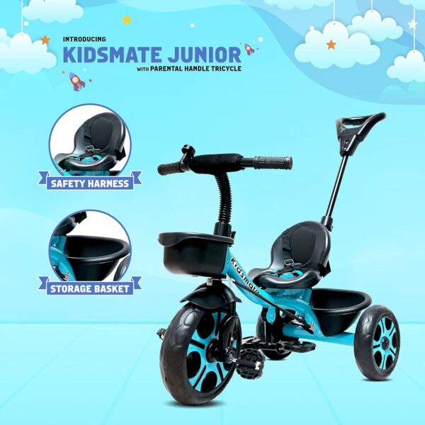 Kidsmate Junior Tricycle for Kids with Parental Control | Cycle for Kids 1-4 Years | Baby Cycle | Bicycle for Kids with Storage Basket, Cushion Seat and Seat Belt Carrying Capacity 30 Kgs (Blue) - Image 6