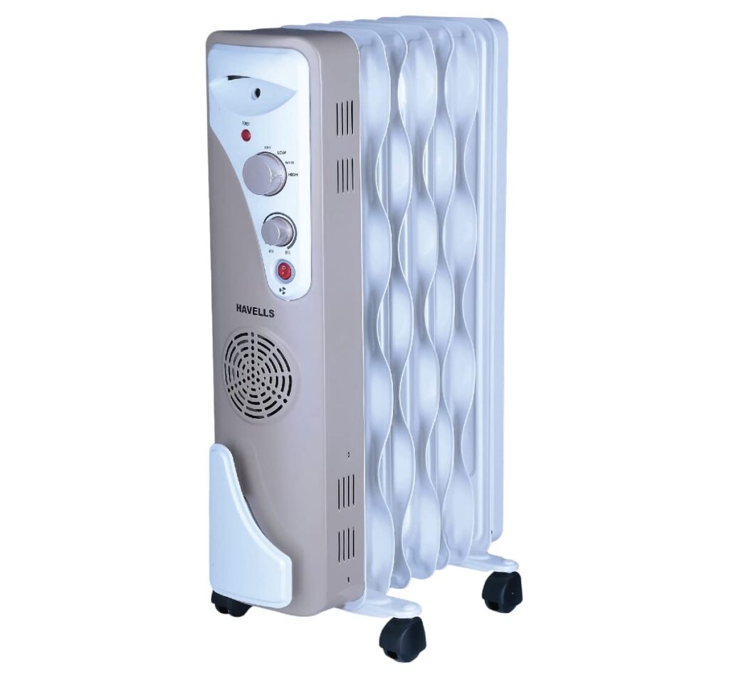 Havells OFR 7 Wave Fins (Oil Filled Radiator) with Fan| Room Heater| 1900 W| 3 Thermostatic Heat Power Settings & PTC Fan Control| Long-Lasting Heat| Comfortable Breathing|Uniform 360° Heating (Beige)