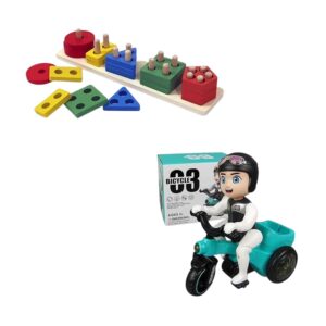 MKY Wooden Intellectual Geometric Shape Matching Five Column Blocks Toys and Stunt Tricycle Bump & Go 360 Degree Rotating Spot Stunt Dancing Motorcycle (Combo of 2)