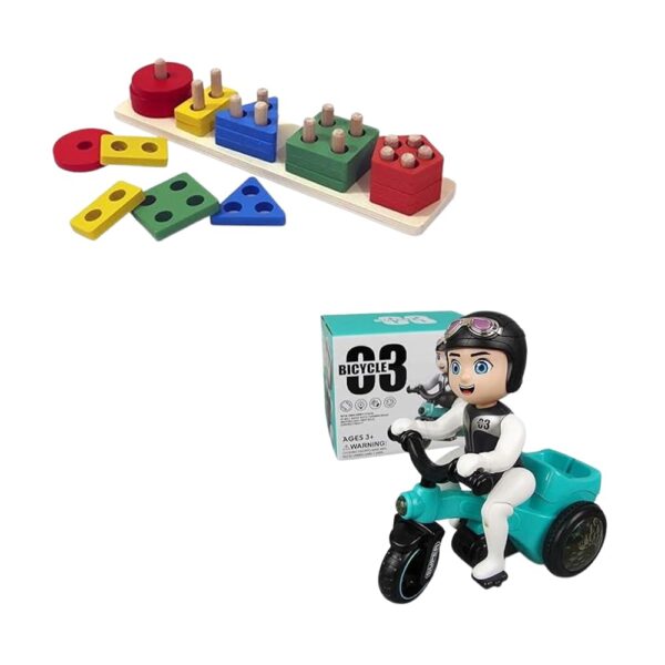 MKY Wooden Intellectual Geometric Shape Matching Five Column Blocks Toys and Stunt Tricycle Bump & Go 360 Degree Rotating Spot Stunt Dancing Motorcycle (Combo of 2)