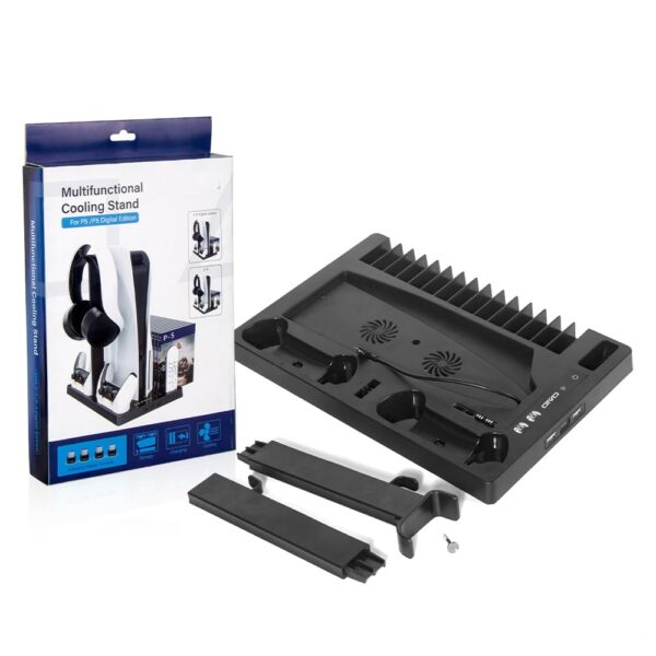 New World For PS5 Vertical Stand for PS5 Digital Edition and Disc Edition Console with Cooling Fan, Controller Charging Station and 15 Game Cards Slots and Headset Stand For PS5 Cooling Controller Charging Stand - Image 2