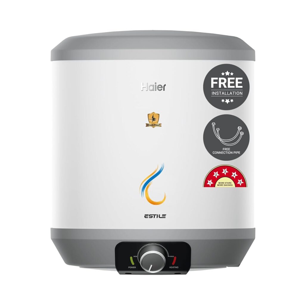 Haire Estile Water Geyser 15 Litre 2200W Faster Heating Storage Water Heater with Pipe 5 Star Free Installation ABS Body| Shock Proof| Glasslined Tank| High Rise Compatible| Bacteria Proof System