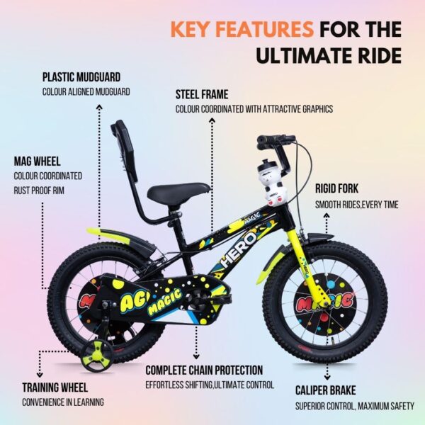 Hero Magic 16T Bicycle for Kids with Bottle & Cage | Caliper Brake | Rigid Suspension | Ideal for Kids | Black-Green | 95% Assembled Cycle(Ready to Ride in 5 Mins) - Image 7