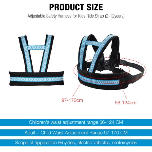 Venzina® Safety Harness Belt for Kids Child Safety Belt for Two Wheeler Motorcycle Scooter Safety Belt for Kids with Reflective Strips Adjustable Kids Motorcycle Harness Belt (2-12 Years) - Blue - Image 2