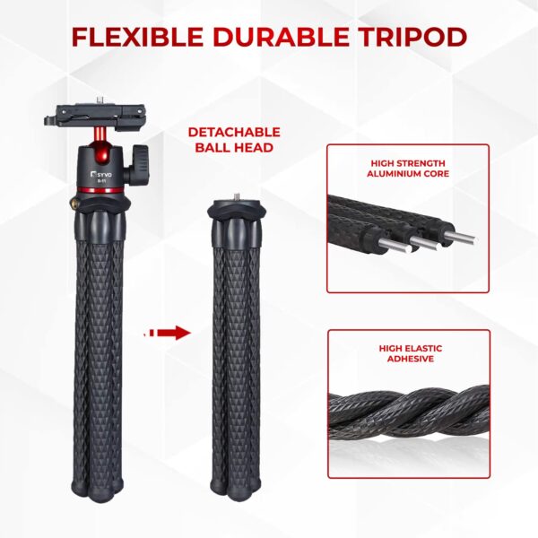 Syvo S-11 Camera Tripod, Flexible Gorilla Tripod Stand with Hidden Phone Holder w Cold Shoe Mount, 1/4'' Screw for Magic Arm, Universal for iPhone 14 13 Pro XS Max Samsung Canon Nikon Sony Cameras - Image 4