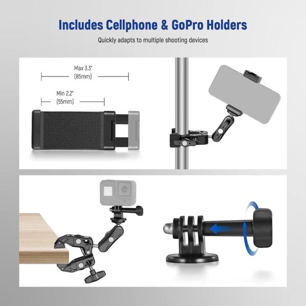ADOFYS [Newest] Action Camera Mount,Super Clamp Mount with 1/4''&3/8'' Scew for LED Light,Microphone,360° Double Ballhead Magic Arm with Mobile Holder and Adapter for Gopro Hero DJI DSLR Camera - Image 7