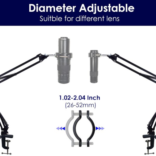 UPWTKIM Microscope Arm Stand for C Mount Lens Industrial HDMI Microscope Camera Electronic Soldering PCB Repairing, Adjustable Clamp 1.02-2.04 inch - Image 3