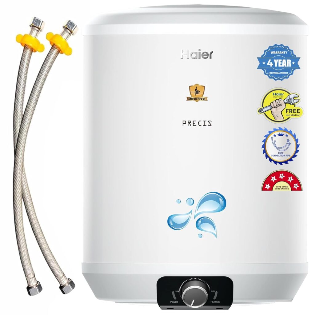 Haier Precis Water Geyser 10 Litre 5 Star Rated Water Heater|Pipe Free Installation Abs Body Temperature Control Shock Proof Glasslined Tank|8 Safety Levels|High Rise Compatible|Bacteria Proof System