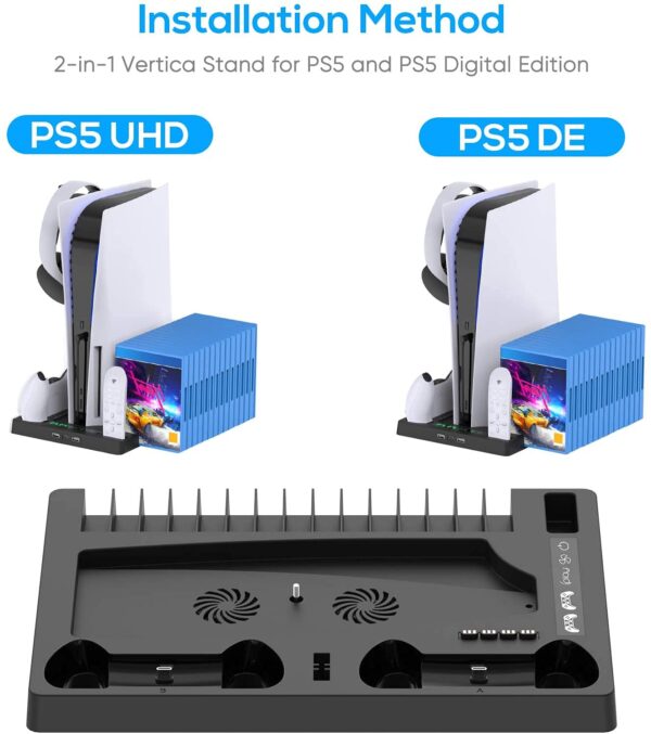 New World For PS5 Vertical Stand for PS5 Digital Edition and Disc Edition Console with Cooling Fan, Controller Charging Station and 15 Game Cards Slots and Headset Stand For PS5 Cooling Controller Charging Stand - Image 5