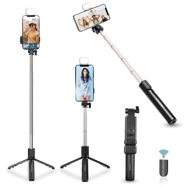 Kratos K2 Selfie Stick with Tripod Stand, 3 in 1 Multifunctional design, Rechargable LED Light with Two Brighness Levels for Make up, Selfie, Vlogging & Photo Shoot, Selfie stick with Bluetooth Remote - Image 2