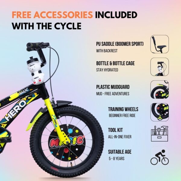 Hero Magic 16T Bicycle for Kids with Bottle & Cage | Caliper Brake | Rigid Suspension | Ideal for Kids | Black-Green | 95% Assembled Cycle(Ready to Ride in 5 Mins) - Image 8