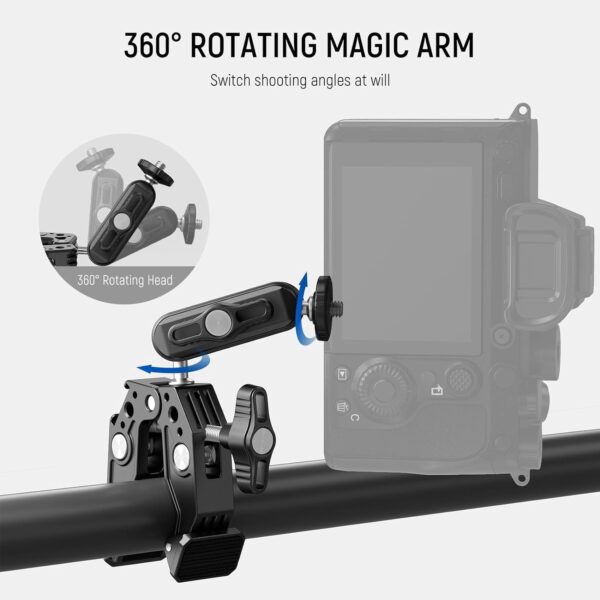 ADOFYS [Newest] Action Camera Mount,Super Clamp Mount with 1/4''&3/8'' Scew for LED Light,Microphone,360° Double Ballhead Magic Arm with Mobile Holder and Adapter for Gopro Hero DJI DSLR Camera - Image 5
