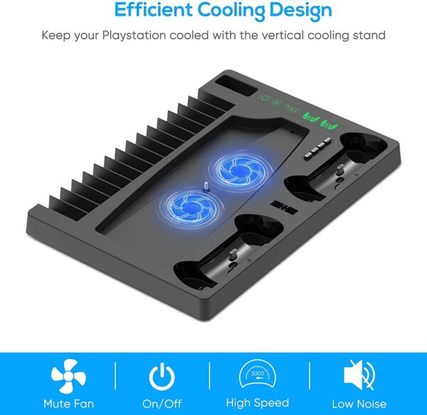 New World For PS5 Vertical Stand for PS5 Digital Edition and Disc Edition Console with Cooling Fan, Controller Charging Station and 15 Game Cards Slots and Headset Stand For PS5 Cooling Controller Charging Stand - Image 6
